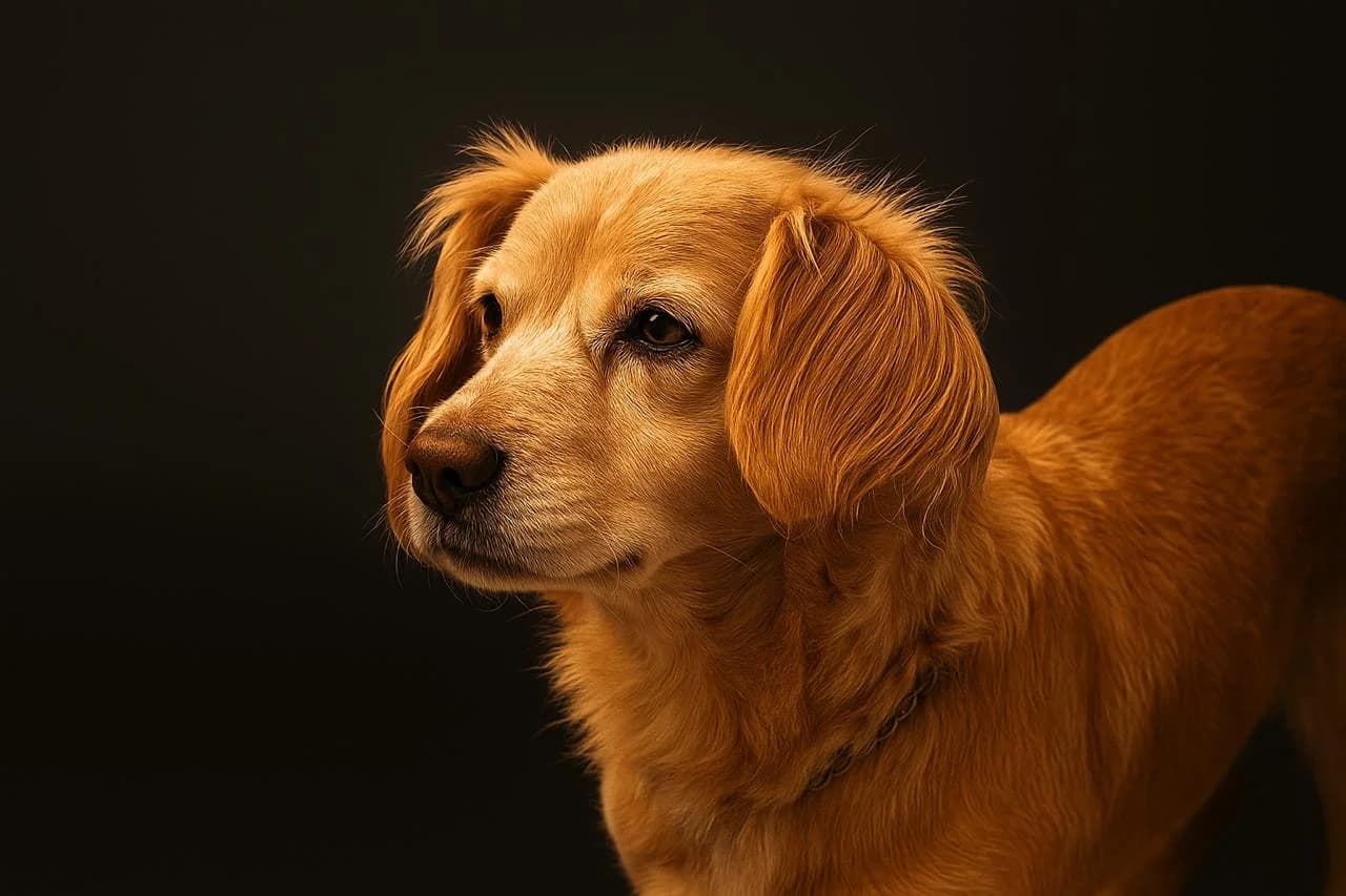 A focused dog standing for the camera